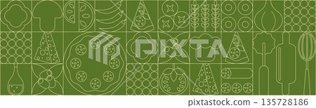 Pizza mosaic seamless pattern, flat line design, pizza ingredients and slices, abstract geometric design of Italian pizzeria Pizza mosaic seamless pattern, flat line design, pizza ingredients and slices, abstract geometric design of Italian pizzeria 135728186