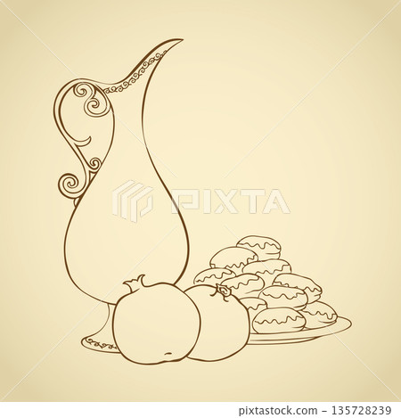 Ripe grenades near the dish with sweet donuts 135728239