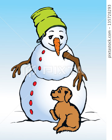 Snowman and dog. Vector drawing. 135728293
