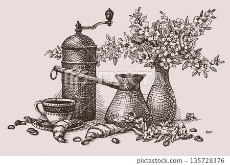 Vector still life. Turk, coffee grinder and coffee 135728376