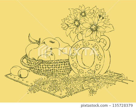 Vector still life vase with fragrant flowers and fruit in a basket 135728379