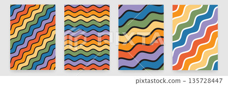 LGBTQ Pride Month rainbow backgrounds set, four abstract wavy patterns with colorful stripes for banners and posters, pride celebration design elements. Pride month poster background 135728447
