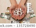 Woman's hand holding a lot of medicine 135728490