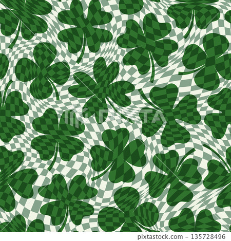 Warped, distorted check seamless vector pattern with green four leaf clovers for Saint Patrick's Day graphic design, sage green and off white wavy checkered background, groovy psychedelic checkerboard Warped, distorted check seamless vector pattern with green four leaf clovers for Saint Patrick's Day graphic design, sage green and off white wavy checkered background, groovy psychedelic checkerboard 135728496