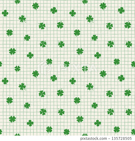 Doodle hand drawn check, plaid with green four leaf clovers seamless vector pattern, Saint Patrick's Day background Doodle hand drawn check, plaid with green four leaf clovers seamless vector pattern, Saint Patrick's Day background 135728505