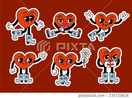Groovy heart sticker set retro cartoon characters Groovy heart sticker set retro cartoon characters 135728626