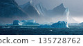 Aerial Arctic Mountainscape with Foggy Peaks and Ice Fields 135728762