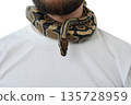 A man with a snake around his neck. White background. Snake around a man's neck. 135728959