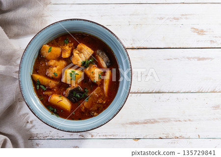Cod with potatoes. Cod with potatoes. 135729841