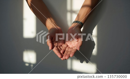 Hands Open in Sunlight Casting a Shadow on a Wall in a Bright Room During Afternoon Hours Hands Open in Sunlight Casting a Shadow on a Wall in a Bright Room During Afternoon Hours 135730000