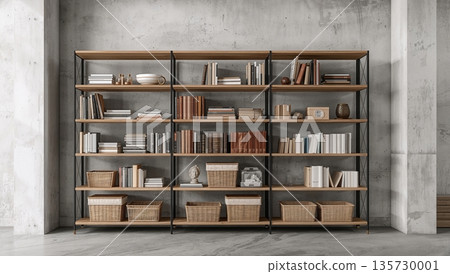 Shelf With Books and Baskets in a Modern Room During Daytime Shelf With Books and Baskets in a Modern Room During Daytime 135730001