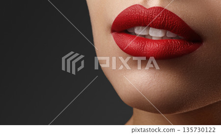 Female face detail showing perfect lips with fashion lipstick. Makeup and cosmetic beauty theme. Sensual open mouth pose. Lip fillers, enhancement, and plastic medicine concept Female face detail showing perfect lips with fashion lipstick. Makeup and cosmetic beauty theme. Sensual open mouth pose. Lip fillers, enhancement, and plastic medicine concept 135730122