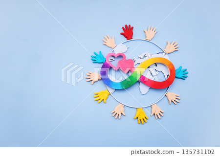 Neurodiversity inclusion concept with rainbow infinity symbol, hearts, hands and world map Neurodiversity inclusion concept with rainbow infinity symbol, hearts, hands and world map 135731102