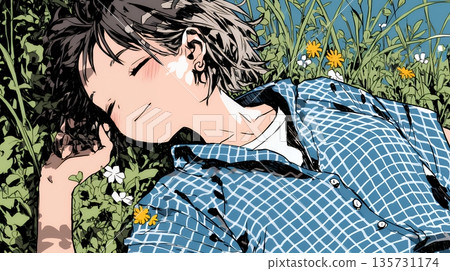 一位年輕女子舒適地躺在地上。 135731174