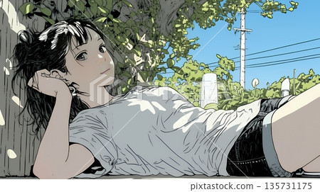 一位年輕女子舒適地躺在地上。 一位年輕女子舒適地躺在地上。 135731175