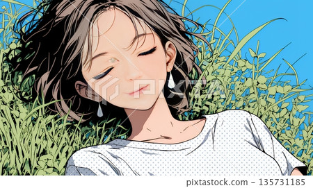 一位年輕女子舒適地躺在地上。 135731185