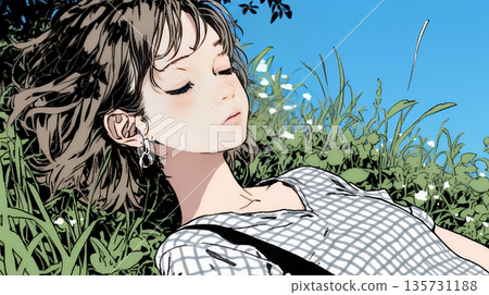 一位年輕女子舒適地躺在地上。 一位年輕女子舒適地躺在地上。 135731188