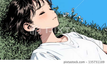 A young woman lying comfortably on the ground A young woman lying comfortably on the ground 135731189