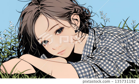 A young woman lying comfortably on the ground 135731192