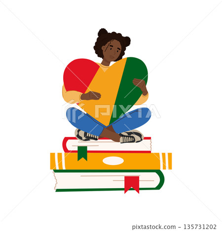 A cute African American girl sitting on a stack of books. Black History Month celebration concept. 135731202