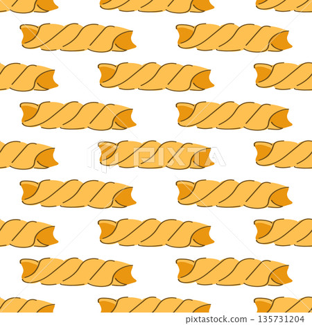 A cute seamless pattern with twisted macaroni. Spiral shaped Italian pasta print. A cute seamless pattern with twisted macaroni. Spiral shaped Italian pasta print. 135731204