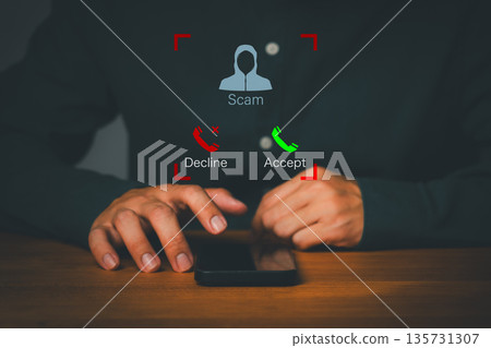Adult man receiving a scam phone call alert on smartphone, concept of online fraud detection, phishing, and cybercrime prevention. Digital security and identity protection awareness. 135731307