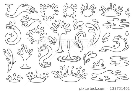 Outline set of water splashes and droplets. Black line vector fluid splash icons for abstract decoration, logos and creative illustrations Outline set of water splashes and droplets. Black line vector fluid splash icons for abstract decoration, logos and creative illustrations 135731401