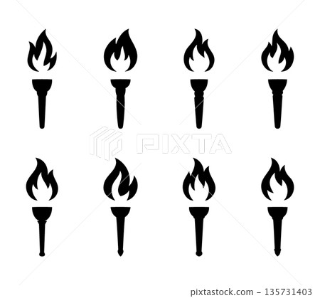 Set of black burning torch icons. Flat vector flame symbols for sports, protest, freedom, liberty, ceremony and celebration design 135731403