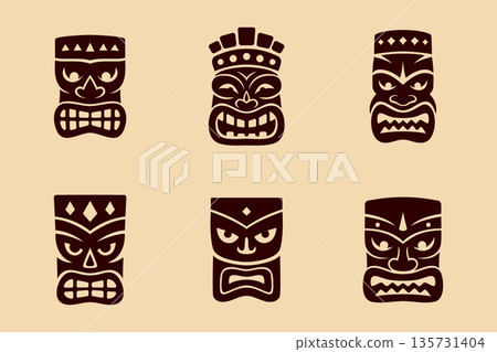 Set of six brown tiki masks on beige background. Polynesian tribal vector illustration for tattoos, posters and cultural festival decor Set of six brown tiki masks on beige background. Polynesian tribal vector illustration for tattoos, posters and cultural festival decor 135731404