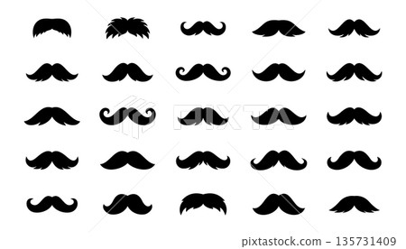 Vintage moustache silhouettes collection. Retro mustaches in classic black style for barbershop logos, hipster graphics, poster design and novelty party props. 135731409