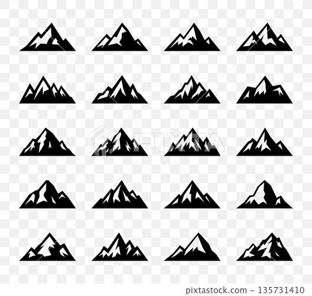 Black mountain icons. Vector snowy peaks set for hiking, camping, climbing, outdoor sport and travel designs. 135731410