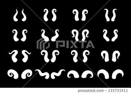 White fantasy horns on black background. Vector demon and bull horn designs for gothic, decorative, and tattoo art themes 135731411