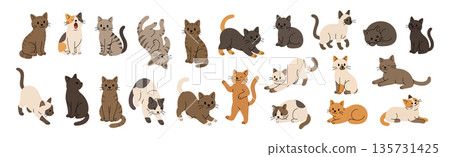Adorable cartoon cats collection in playful poses. Flat vector illustration of kittens for kids, pet themes and cute animal designs Adorable cartoon cats collection in playful poses. Flat vector illustration of kittens for kids, pet themes and cute animal designs 135731425