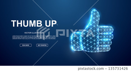 Digital thumbs up hand in glowing wireframe polygon mesh. Futuristic design for approval, like, or feedback concepts Digital thumbs up hand in glowing wireframe polygon mesh. Futuristic design for approval, like, or feedback concepts 135731426