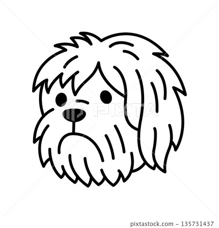 Shaggy cartoon dog with long messy fur and round nose. Cute black and white vector dog face Shaggy cartoon dog with long messy fur and round nose. Cute black and white vector dog face 135731437
