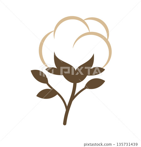 Cotton flower with fluffy white boll and small leaves. Minimal botanical icon for eco and agricultural themes Cotton flower with fluffy white boll and small leaves. Minimal botanical icon for eco and agricultural themes 135731439