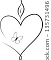 Heart shaped candle icons with flame and butterfly for romantic decor and valentine day graphics. One line art illustration with a candle flame and a delicate butterfly inside. 135731496