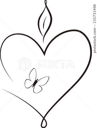 Heart shaped candle icons with flame and butterfly for romantic decor and valentine day graphics. One line art illustration with a candle flame and a delicate butterfly inside. 135731496