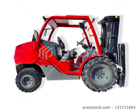 A red all terrain forklift is shown, ready to perform heavy lifting on uneven surfaces. It is suitable for work at construction sites and remote areas, operating in various weather conditions. A red all terrain forklift is shown, ready to perform heavy lifting on uneven surfaces. It is suitable for work at construction sites and remote areas, operating in various weather conditions. 135731665