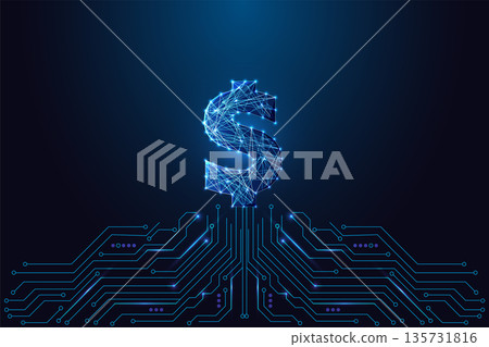 Digital Dollar Sign over circuit board. Finance Tech, Fintech Innovation, Money Symbol Vector Art 135731816