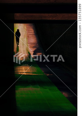 人們走過一條形似光隧道的地下通道 人們走過一條形似光隧道的地下通道 135731899