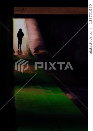 人們走過一條形似光隧道的地下通道 人們走過一條形似光隧道的地下通道 135731930