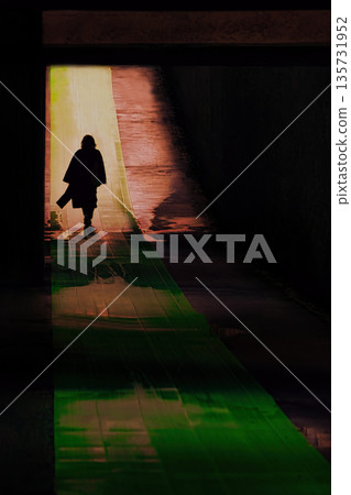 一名女子走過一條形似光蹟的地下通道。 135731952