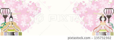 桃節——女兒節雛人偶與櫻花橫幅背景——日式相框素材,飾有天皇皇后人偶和盛開的櫻花。 桃節——女兒節雛人偶與櫻花橫幅背景——日式相框素材,飾有天皇皇后人偶和盛開的櫻花。 135732302