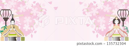 桃節——女兒節雛人偶與櫻花橫幅背景——日式相框素材,飾有天皇皇后人偶和盛開的櫻花。 桃節——女兒節雛人偶與櫻花橫幅背景——日式相框素材,飾有天皇皇后人偶和盛開的櫻花。 135732304
