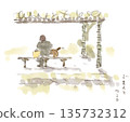 A watercolor illustration of a winter landscape, a dog walking with its owner, sitting on a bench under a wisteria trellis and enjoying the view from behind. 135732312