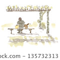 A watercolor illustration of a winter landscape, a dog walking with its owner, sitting on a bench under a wisteria trellis and enjoying the view from behind. 135732313