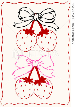 Whimsical Coquette Valentine strawberry cherries with ribbon bow outline wavy hand drawn with vintage retro vibe set 135732456