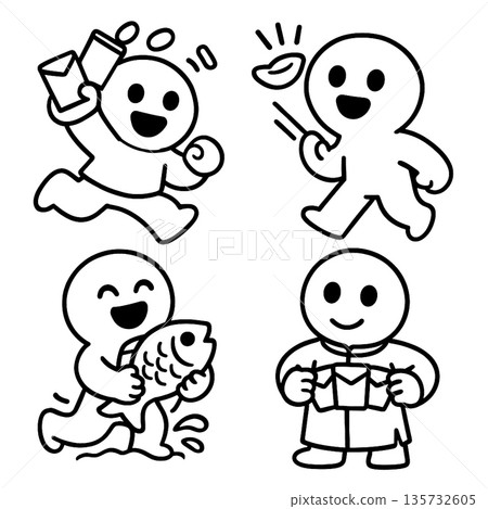 Happy joyful cartoon characters celebrating festival with food and gifts Happy joyful cartoon characters celebrating festival with food and gifts 135732605