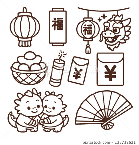 Cute Chinese New Year line art icons celebrating festival with lanterns and dragon Cute Chinese New Year line art icons celebrating festival with lanterns and dragon 135732621
